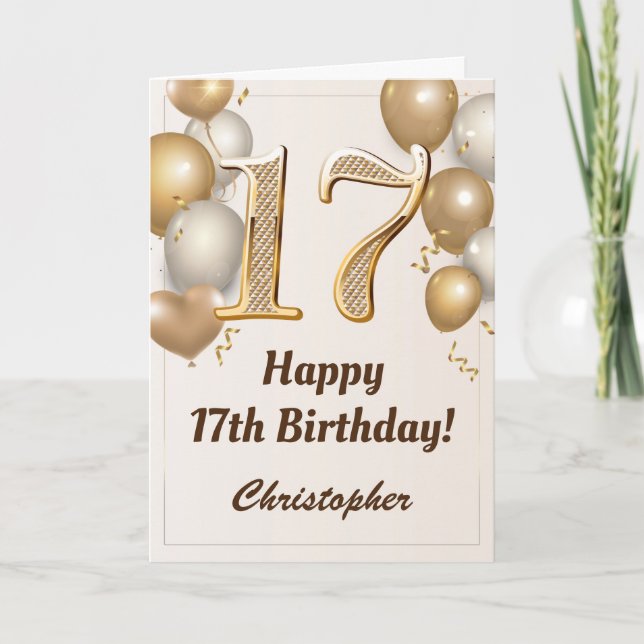 17th Birthday Gold Balloons and Confetti Birthday Card (Front)