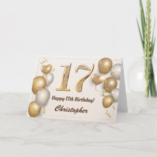 17th Birthday Gold Balloons and Confetti Birthday Card