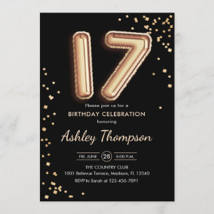 17th Birthday - Gold Balloons Black Invitation