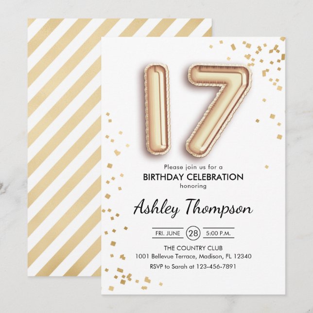 17th Birthday - Gold Balloons Invitation (Front/Back)