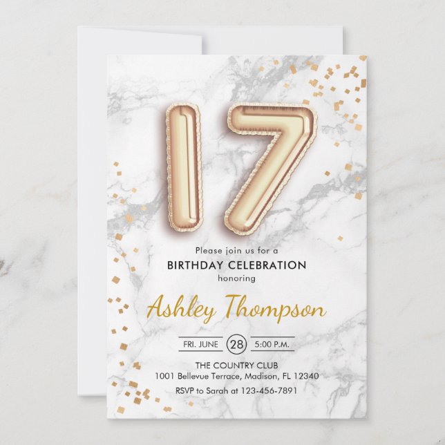 17th Birthday - Gold Balloons Marble Effect Invitation (Front)