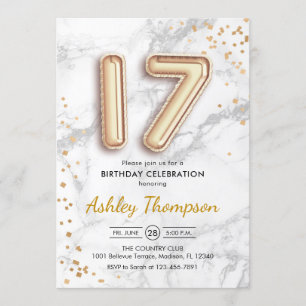 17th Birthday - Gold Balloons Marble Effect Invitation