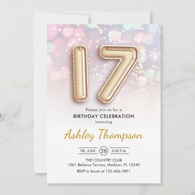 17th Birthday - Gold Balloons Pink Lights Invitation (Front)