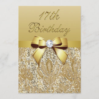 17th Birthday Gold Faux Sequins and Bow Invitation