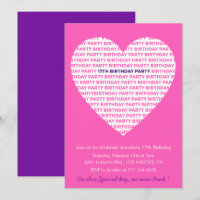17th birthday invitation big hearts Pink Girly