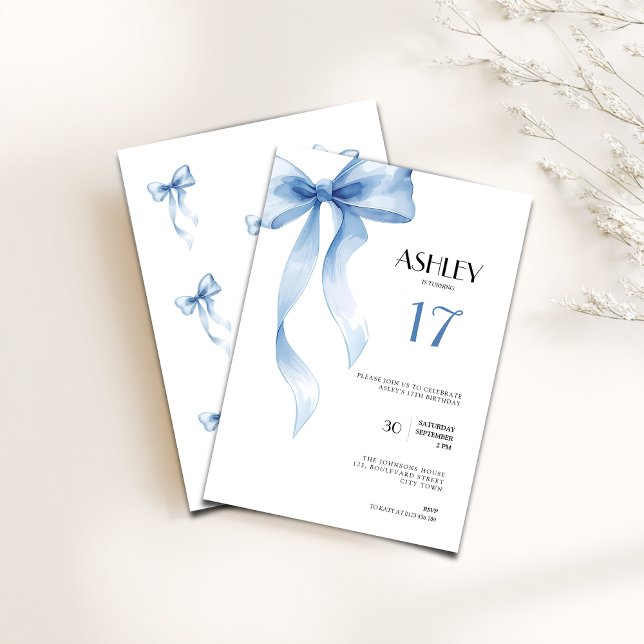 17th Birthday Invitation Blue Bow for Girls (Blue bow coquette 17th birthday invitation for girls)