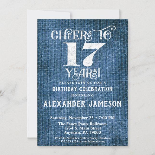 17th Birthday Invitation Blue Linen Rustic Cheers (Front)