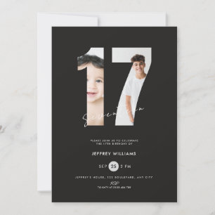 17th Birthday Invitation Boys with Photo - Black