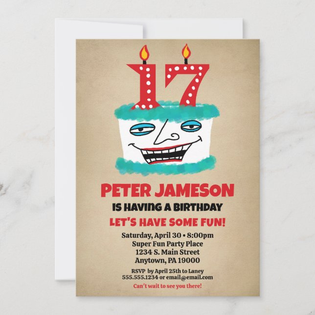 17th Birthday Invitation Funny Cake Casual Mens (Front)
