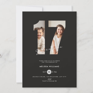 17th Birthday Invitation Girls with Photo - Black
