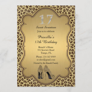 17th Birthday invitation, numbers diamonds,Cheetah Invitation