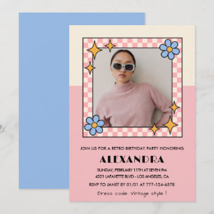 17th birthday invitation Retro Groovy Pink Flowers
