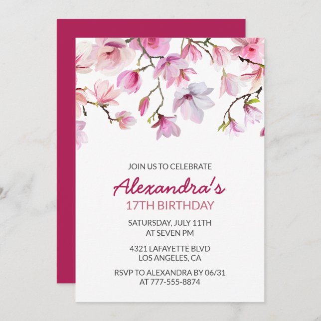 17th birthday invitation Watercolor Floral Simple (Front/Back)