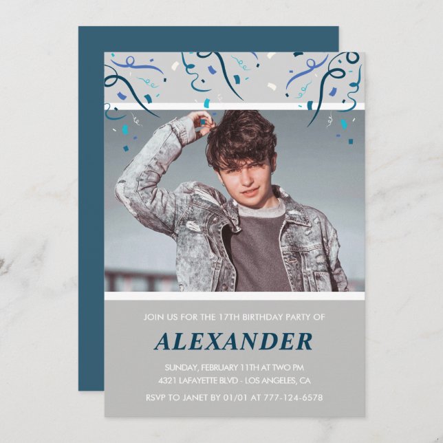 17th birthday invitations boy Confetti Photo Blue (Front/Back)