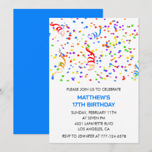 17th birthday invitations Confetti Rainbow Boy
