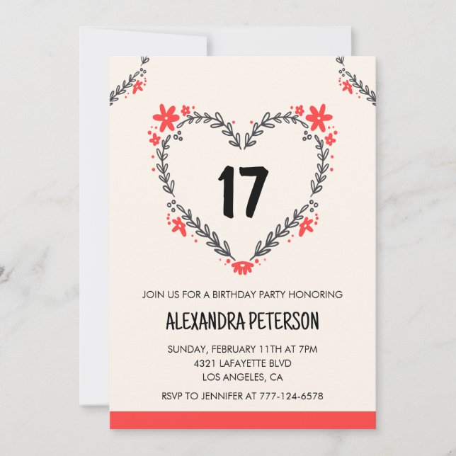 17th birthday invitations for her floral heart (Front)