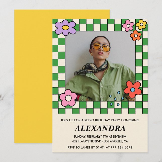 17th birthday invitations Retro Groovy Flowers (Front/Back)