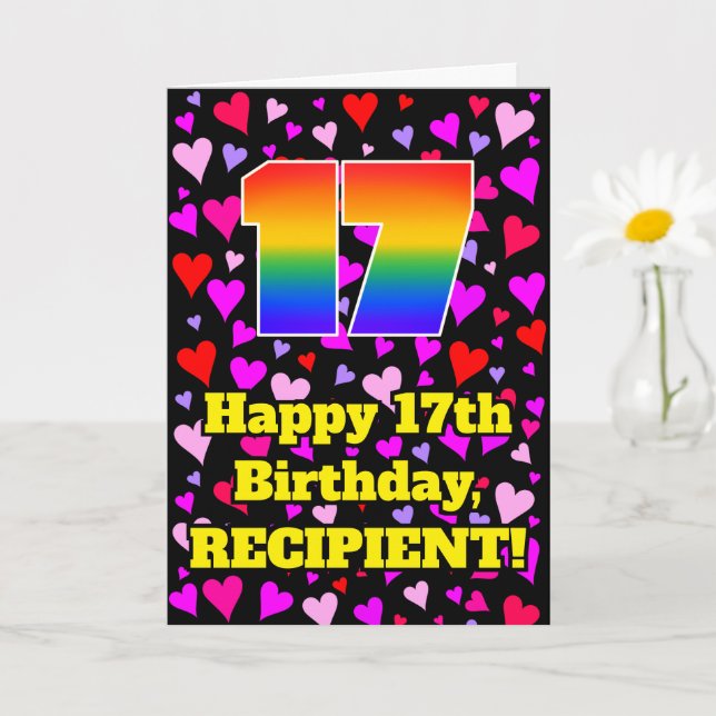 17th Birthday: Loving Hearts Pattern, Rainbow # 17 Card (Small Plant)