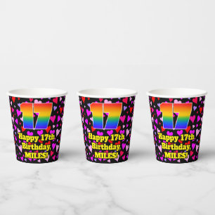 17th Birthday: Loving Hearts Pattern, Rainbow 17 Paper Cups