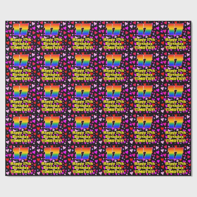 17th Birthday: Loving Hearts Pattern, Rainbow # 17 Wrapping Paper (Flat)