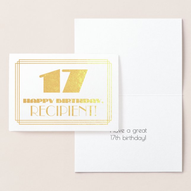 17th Birthday; Name + Art Deco Inspired Look "17" Foil Card (Display)