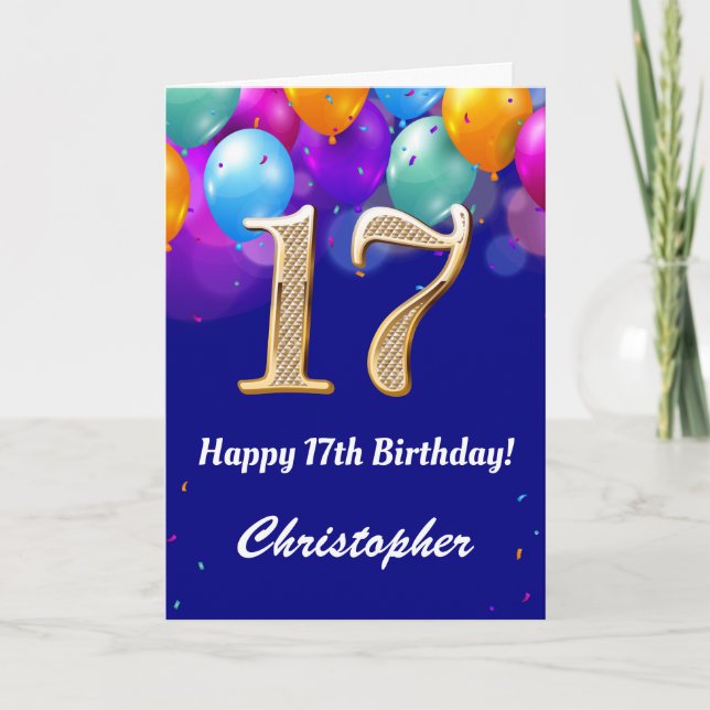17th Birthday Navy Blue and Gold Colourful Balloon Card (Front)