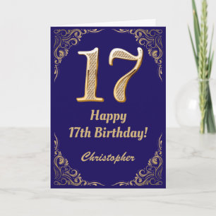 17th Birthday Navy Blue and Gold Glitter Frame Card