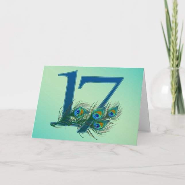 17th birthday or anniversary peacock numbers card (Front)