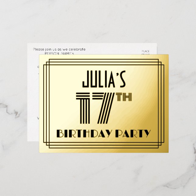 17th Birthday Party ~ Art Deco Style “17” + Name Foil Invitation Postcard (Front/Back)