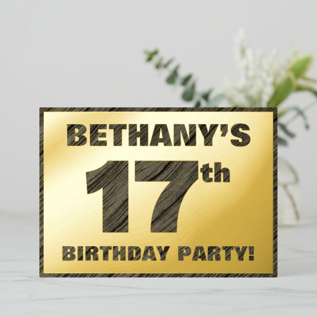 17th Birthday Party — Bold, Faux Wood Grain Text (Standing Front)