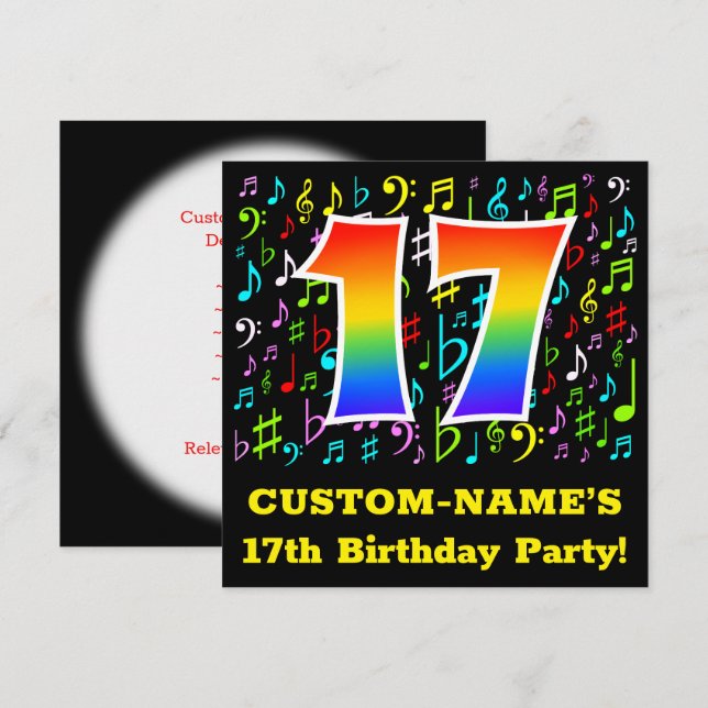 17th Birthday Party: Fun Music Symbols, Rainbow 17 Invitation (Front/Back)