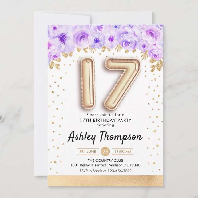 17th Birthday Party - Gold Balloons Purple Invitation (Front)