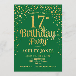 17th Birthday Party - Green & Gold Invitation