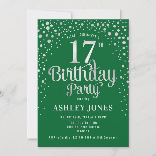 17th Birthday Party - Green & Silver Invitation (Front)