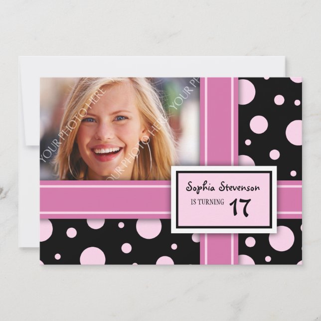 17th Birthday Party Invitation Pink Black Dots (Front)