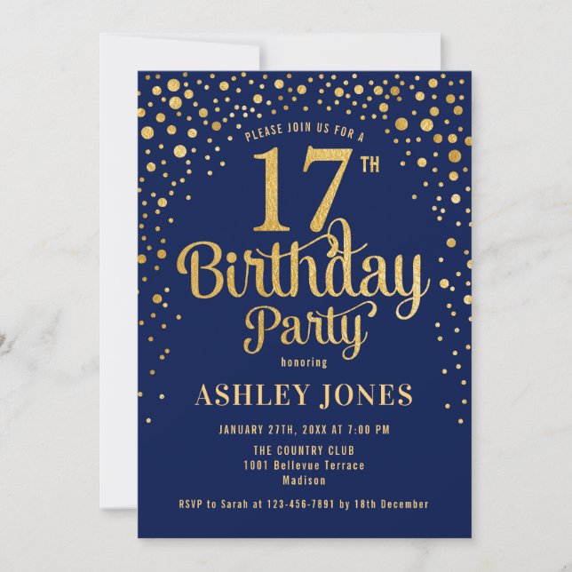 17th Birthday Party - Navy & Gold Invitation (Front)