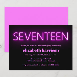 17th Birthday Party Pink Neon Lights Invitation