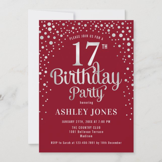 17th Birthday Party - Red & Silver Invitation (Front)