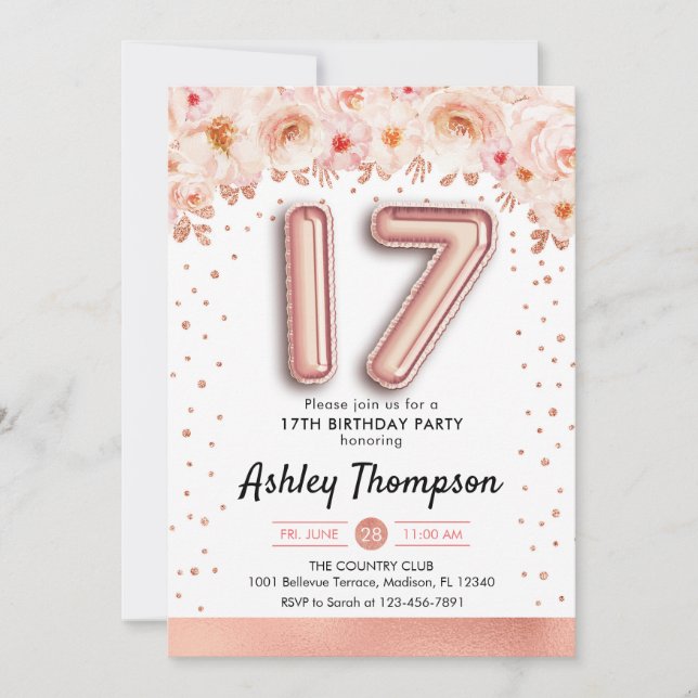 17th Birthday Party - Rose Gold Balloons Invitation (Front)