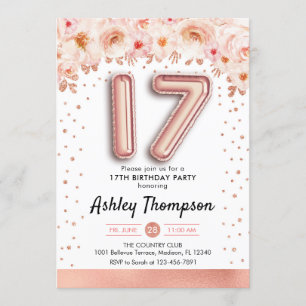 17th Birthday Party - Rose Gold Balloons Invitation