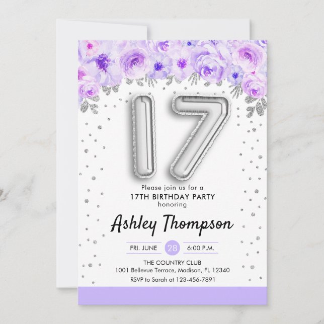 17th Birthday Party - Silver Balloons Purple Invitation (Front)