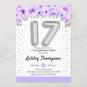 17th Birthday Party - Silver Balloons Purple Invitation