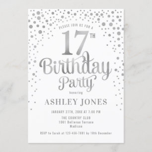 17th Birthday Party - White & Silver Invitation