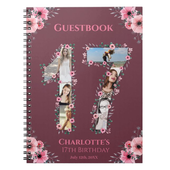 17th Birthday Photo Collage Pink Flower Guest Book (Front)