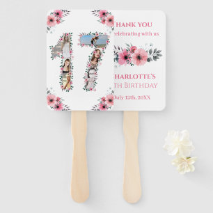 17th Birthday Photo Collage Pink Girl Flower White Hand Fan