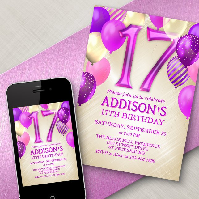 17th Birthday Pink Balloons Invitation (Creator Uploaded)