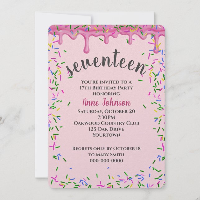 17th Birthday Pink Icing And Sprinkles Invitation (Front)