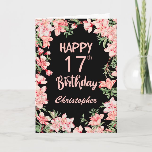 17th Birthday Pink Peach Watercolor Floral Black Card (Front)
