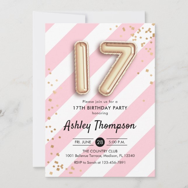 17th Birthday - Pink Stripes and Gold Balloons Invitation (Front)