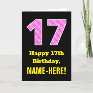 17th Birthday: Pink Stripes and Hearts "17" + Name Card
